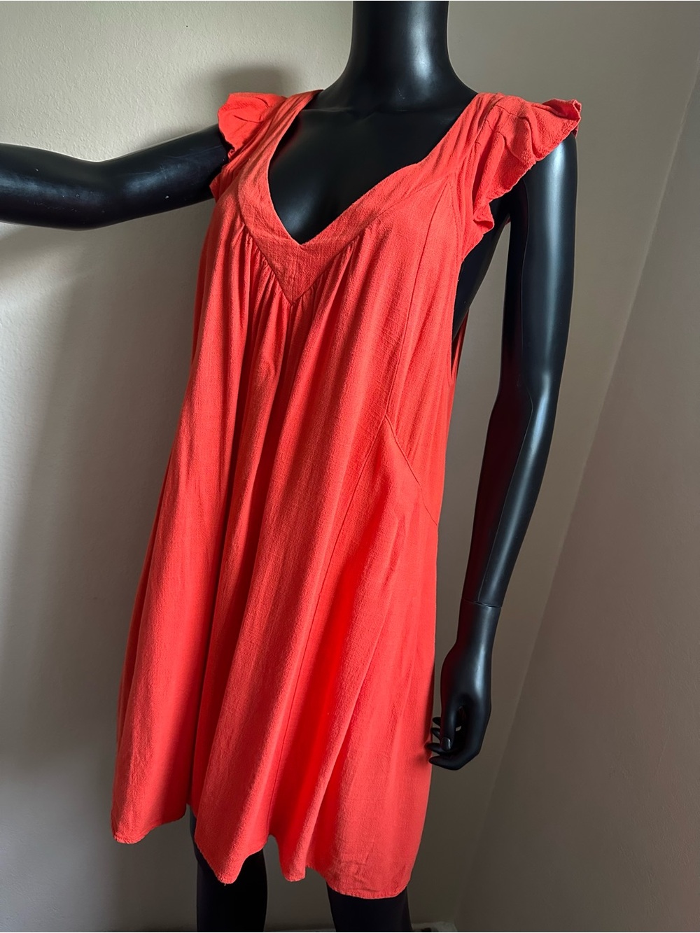 Promesa Coral Orange Flutter Ruffle Sleeve V-Neck Mini Dress with Tie Back - Picture 4 of 11